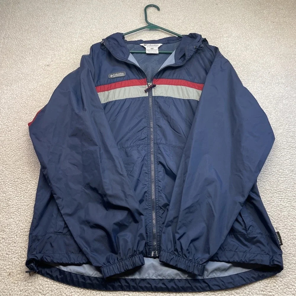 Columbia Windbreaker Mens L Blue Packable XM2049 Hooded Colorblock Jacket - Picture 2 of 11